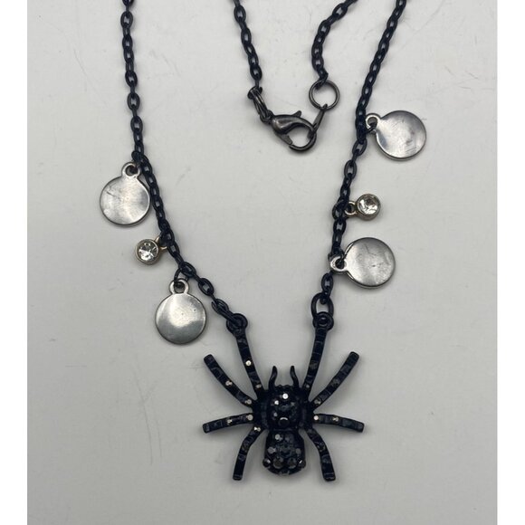 Gothic Black Spider Necklace Rhinestones Halloween Statement 28" Disc Charm Punk - Picture 3 of 6